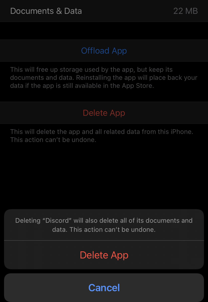 iPhone delete app in settings popup menu.