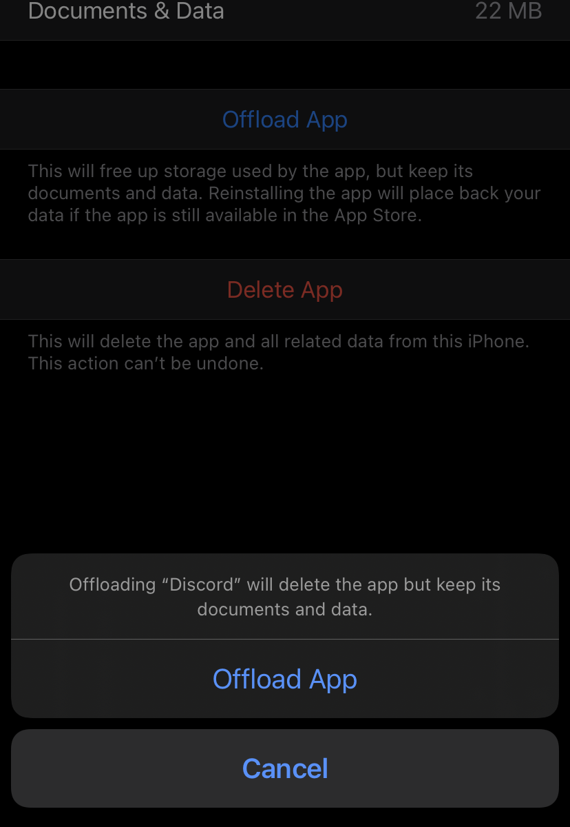 Offload app confirmation screen on iPhone.