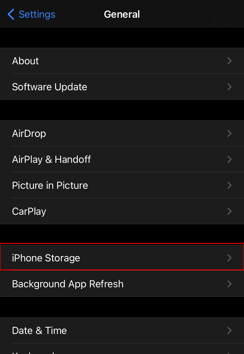 iPhone Settings, iPhone Storage highlighted.
