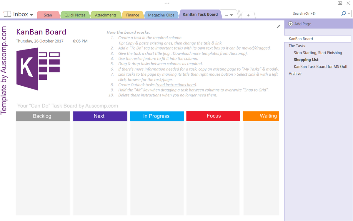 6 Tipps zur Verwendung von Microsoft OneNote als Aufgabenliste - kanban template by auscomp