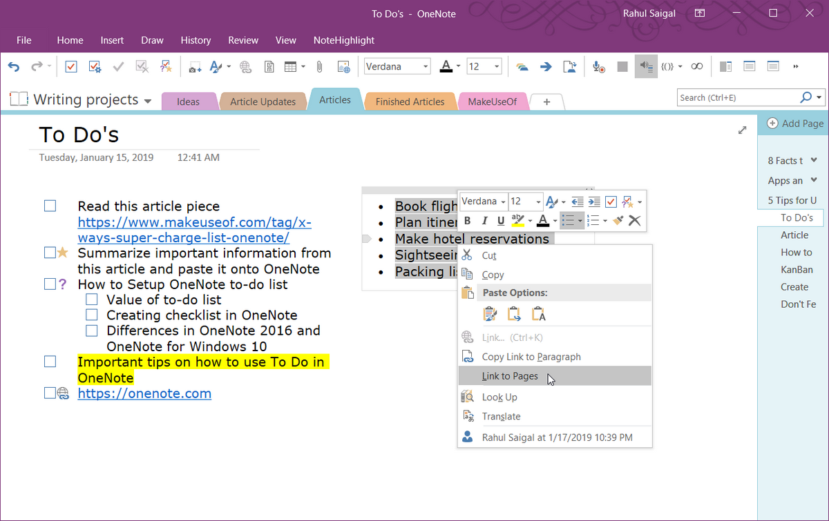 6 Tipps zur Verwendung von Microsoft OneNote als Aufgabenliste - link to pages OneNote2019