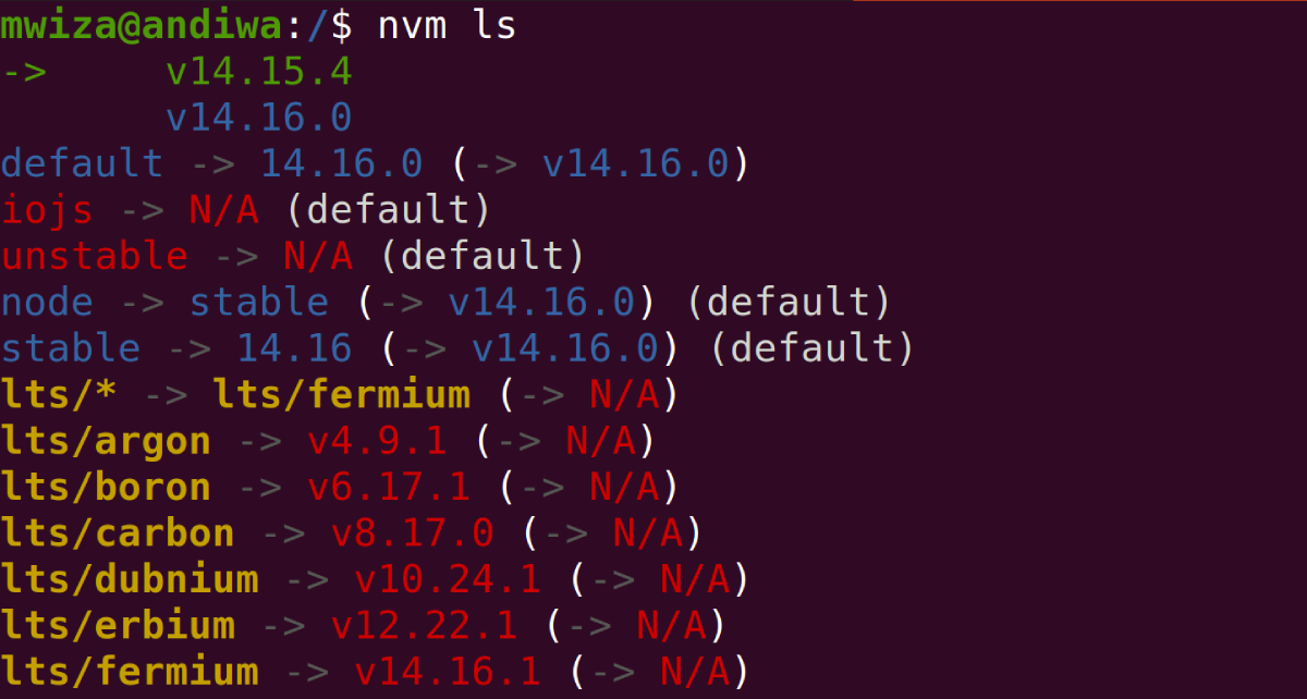 output showing all installed versions of nodejs on a PC