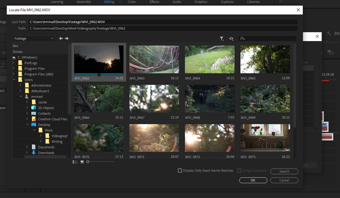 Choose the thumbnail of the footage in question in order to re-link it to the project.