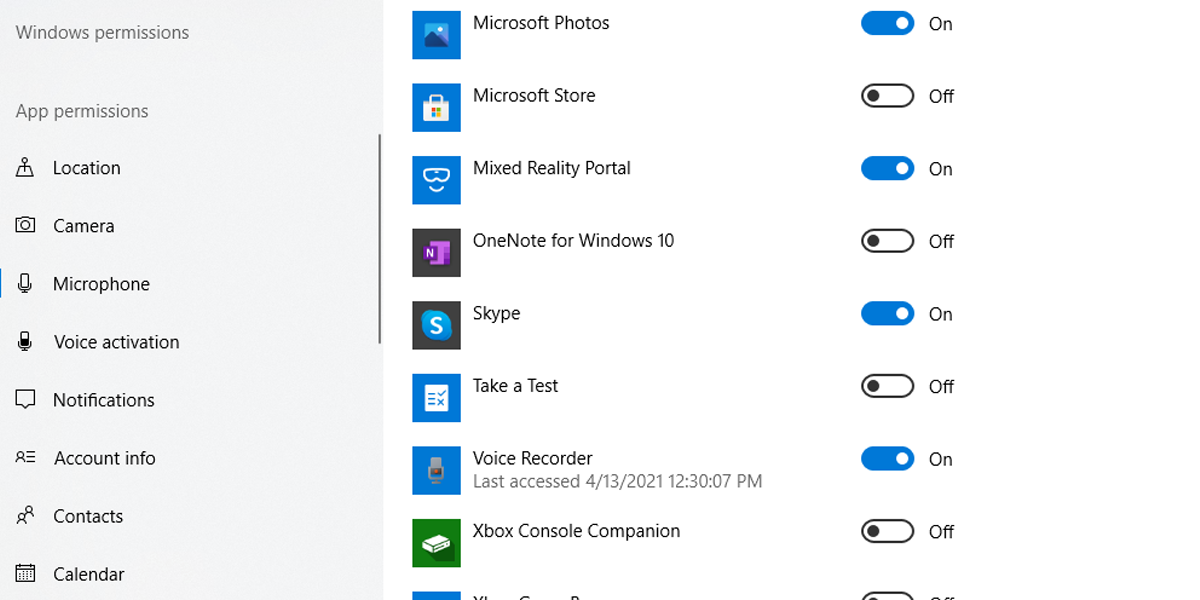 List of apps with microphone access in Windows 10