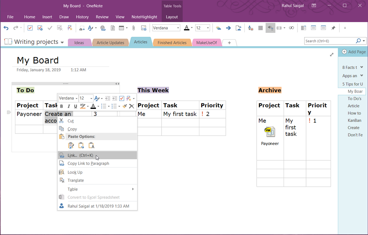 6 Tipps zur Verwendung von Microsoft OneNote als Aufgabenliste - move your tasks like kanban OneNote2019