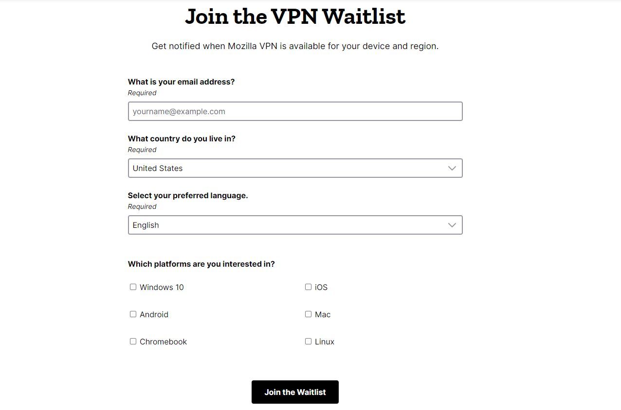 Mozilla waitlist sign up