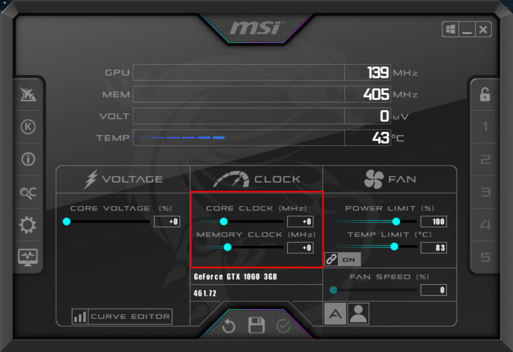 MSI Afterburner, core and memory clock highlighted