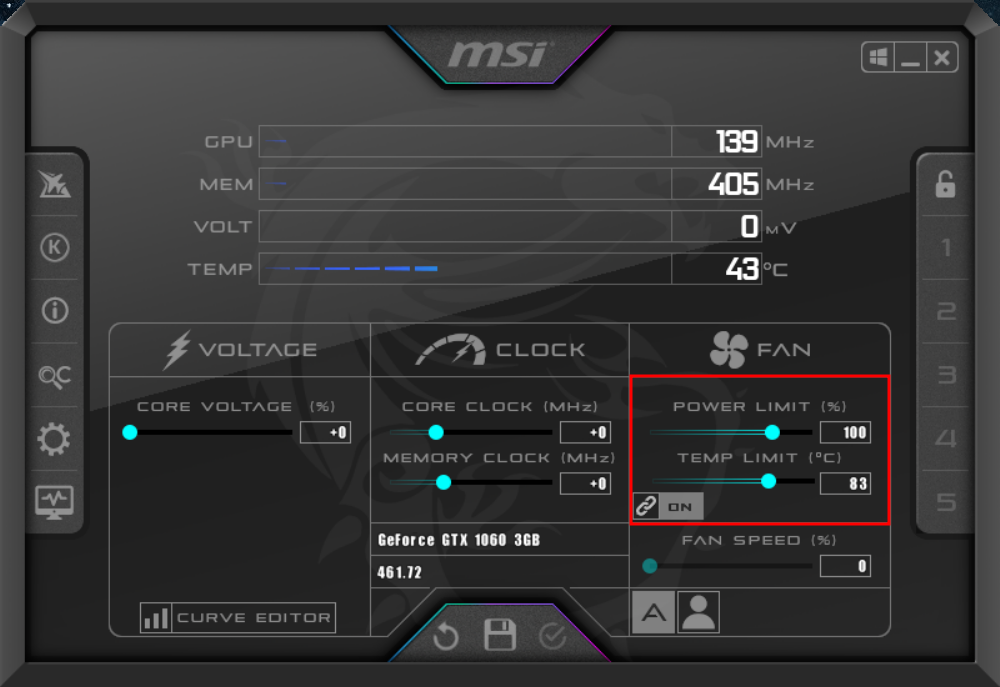 MSI Afterburner, power and temp limit highlighted