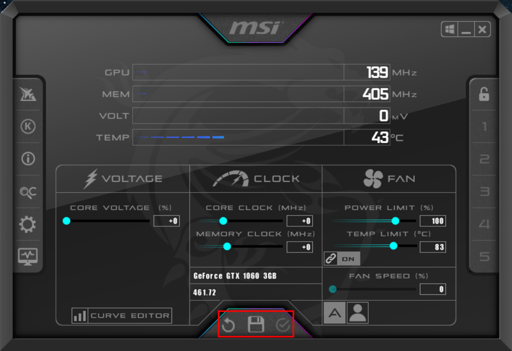 MSI Afterburner, save and confirm highlighted