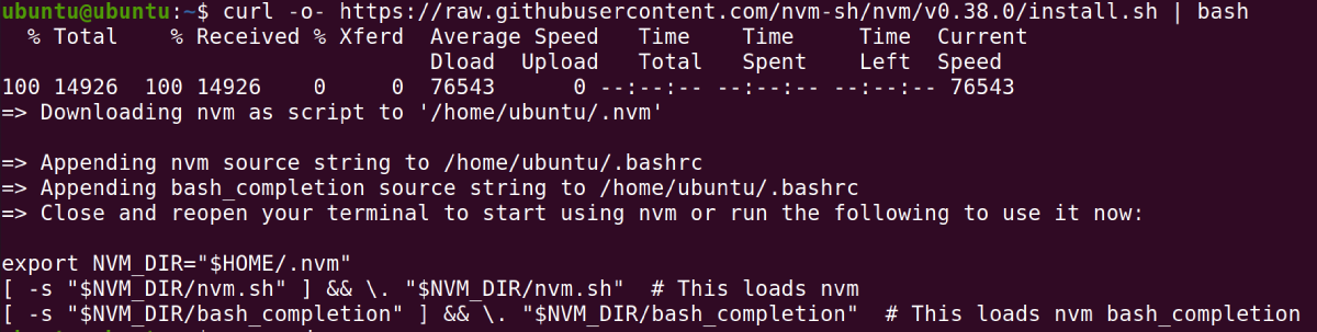 nvm installation output