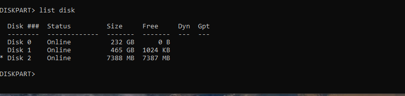 DiskPart showing free disk storage