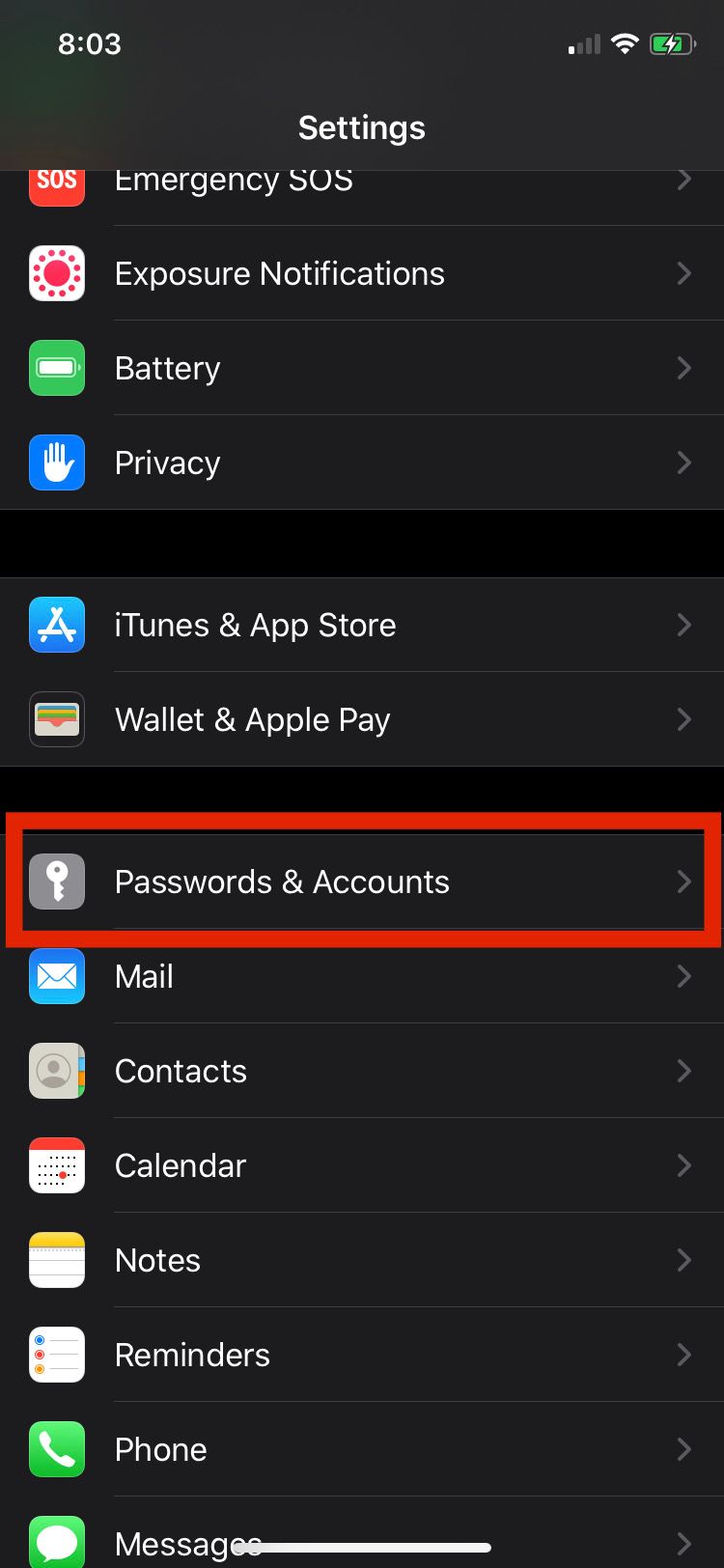 Passwords and Accounts settings.