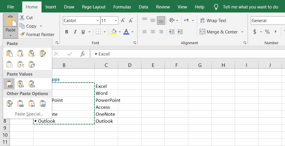 paste values - 7 modi per creare un elenco puntato in Microsoft Excel