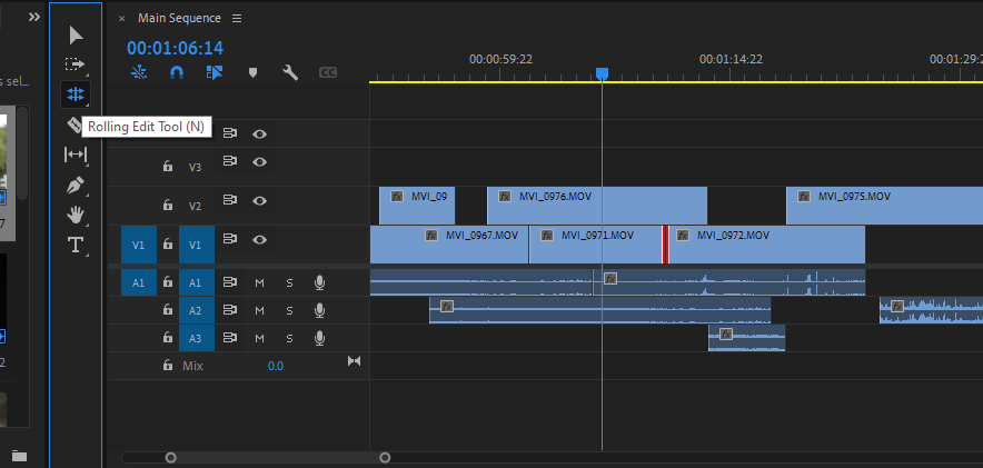 Using the rolling edit tool to modify a sequence.