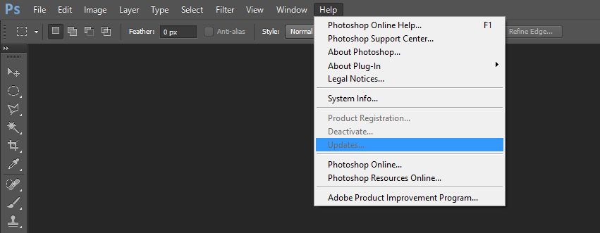 Photoshop updates menu