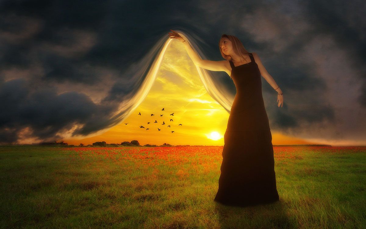 photoshopped woman peeling back the sky