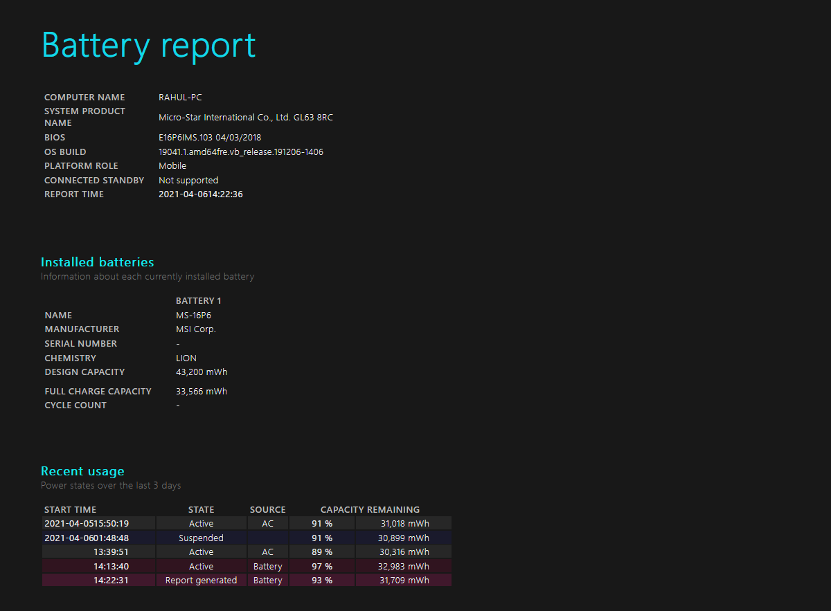 powercfg battery report analysis