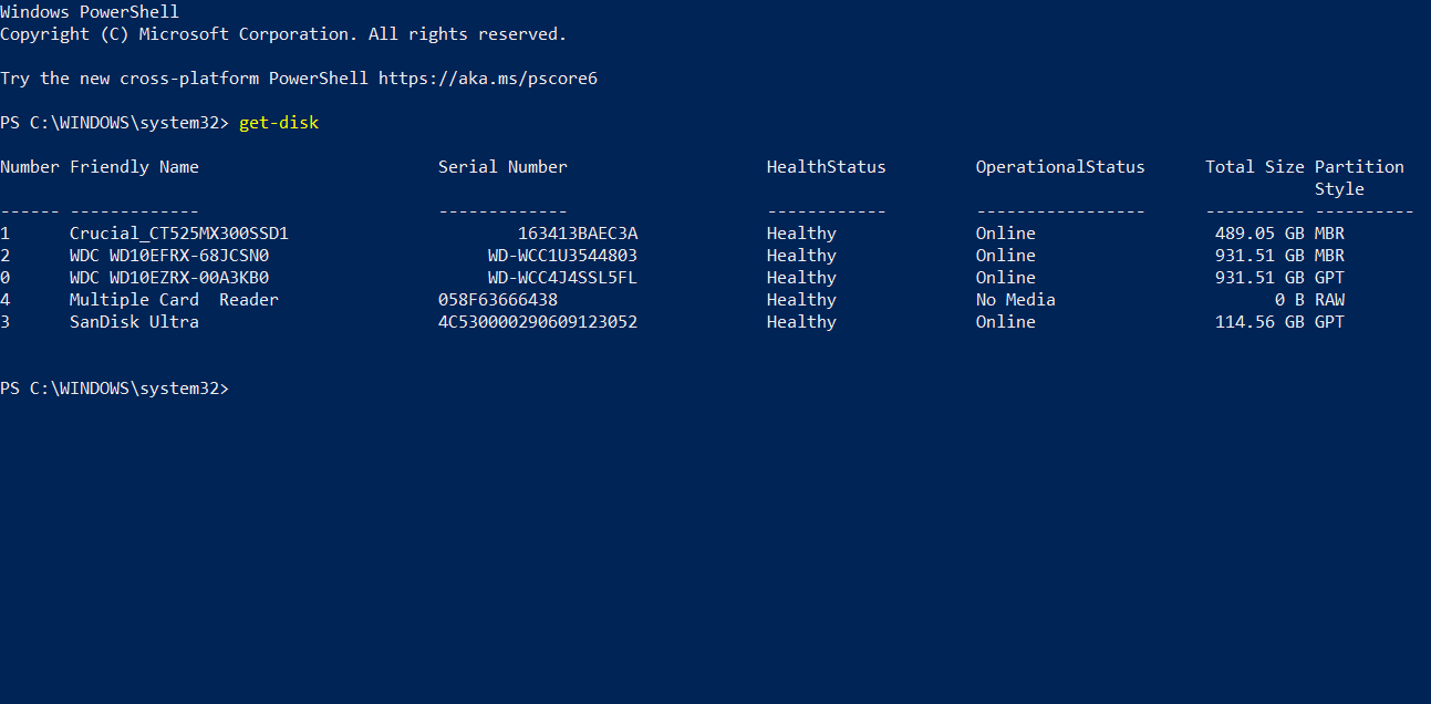 powershell get disk command