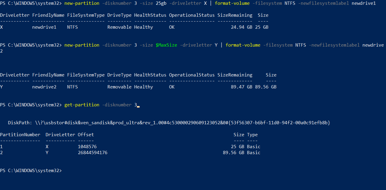 powershell partitions of different sizes