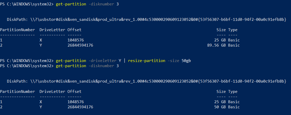 powershell resize partition command