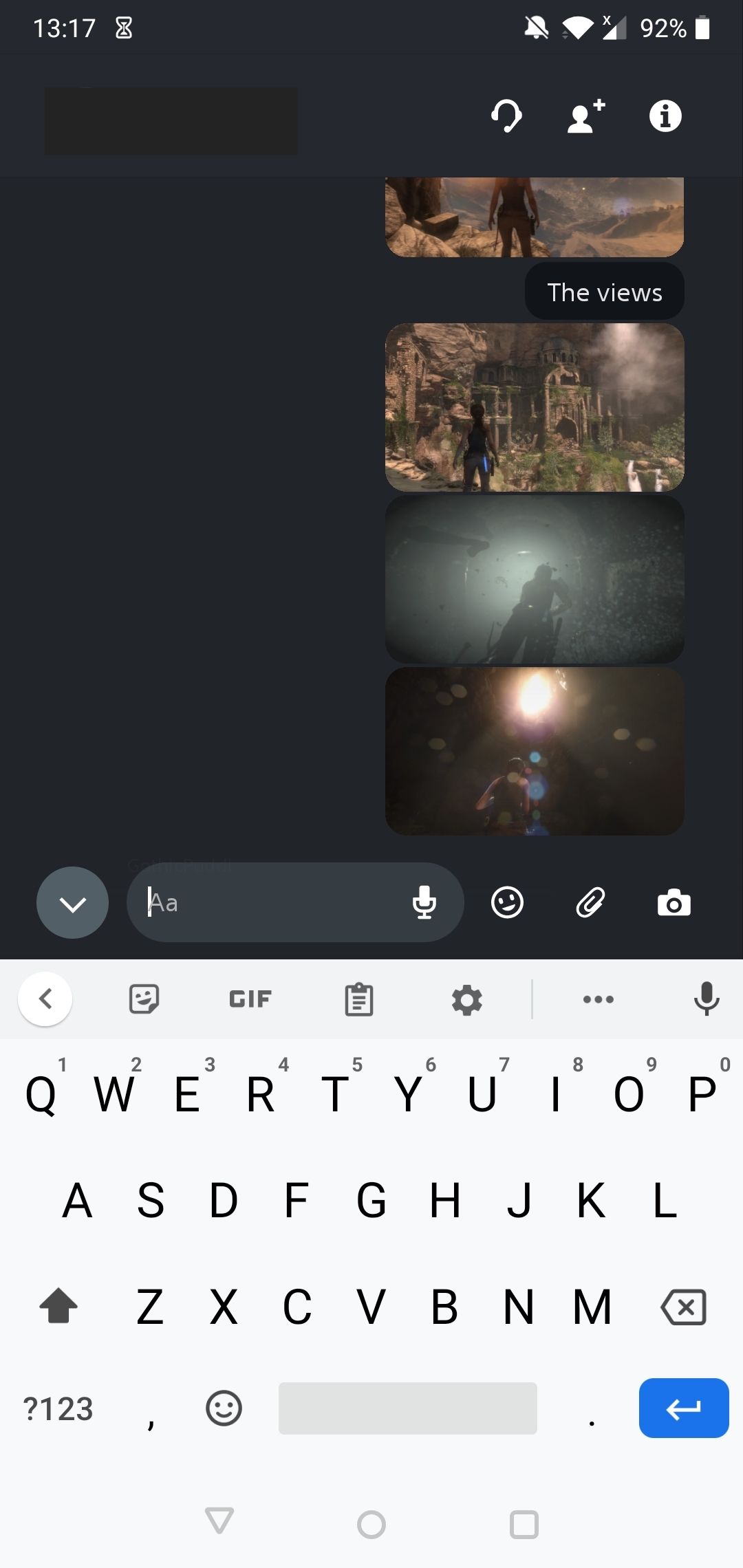 A chat thread with the keyboard up on the PS app for Android.
