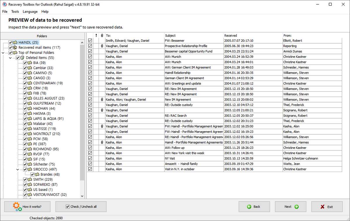 recovered folder and items list - Come riparare file PST e OST danneggiati in Microsoft Outlook utilizzando Recovery Toolbox