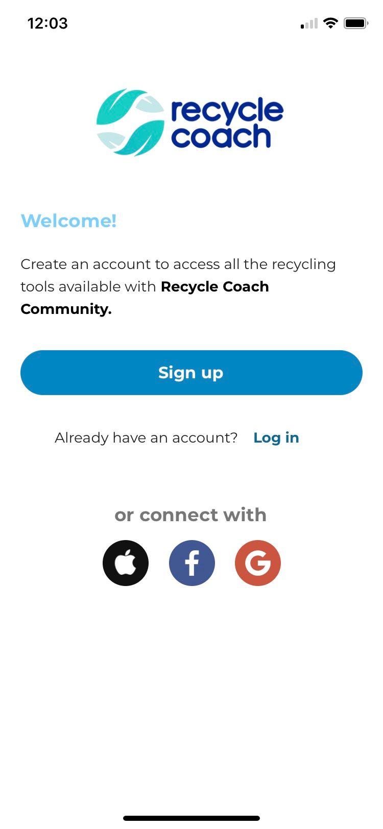 Recycle Coach startup page.