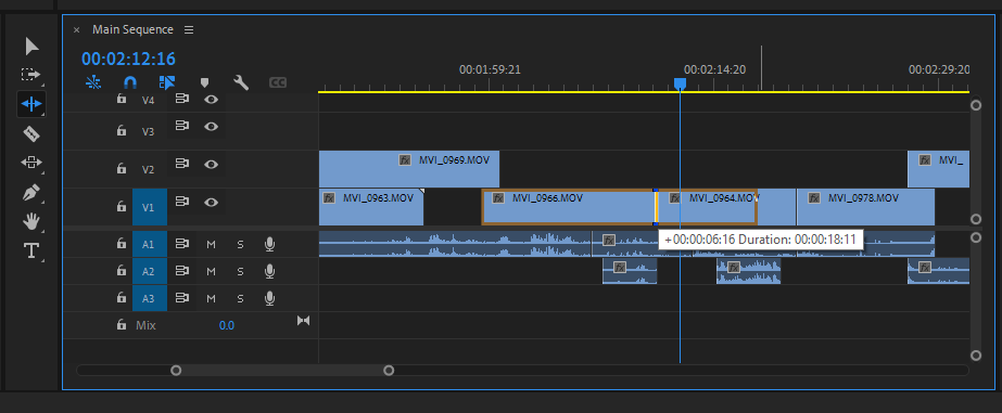 The ripple edit tool intelligently adjusts the surrounding sequence.