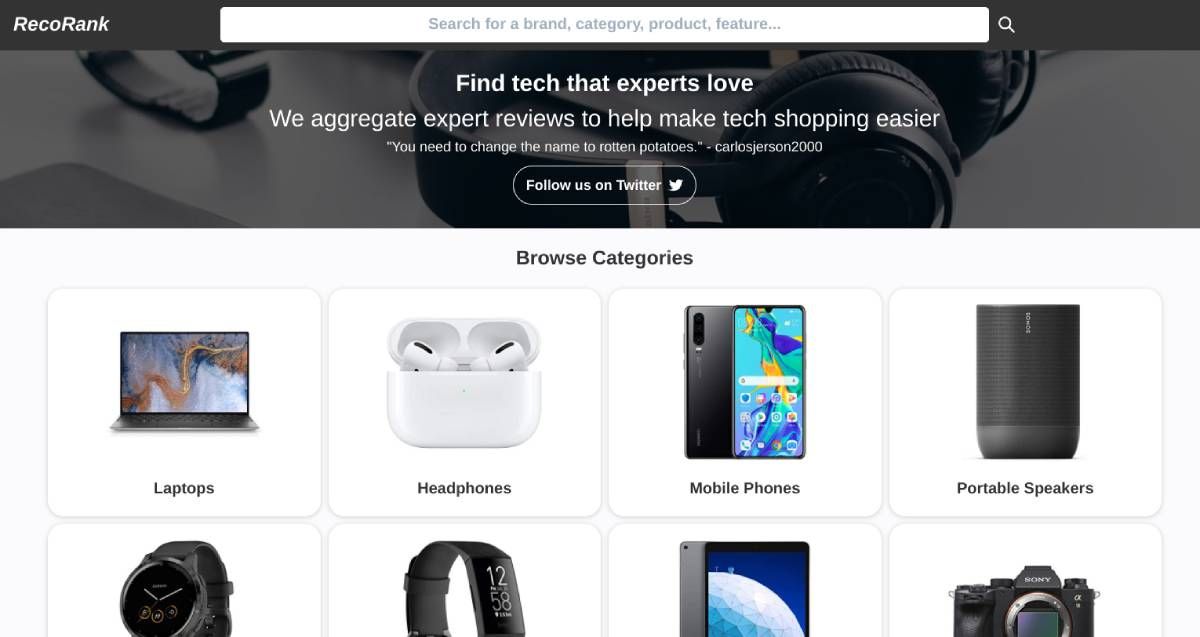 RecoRank tells you the average rating for any tech product or gadget based on tech reviewers and YouTube reviewers