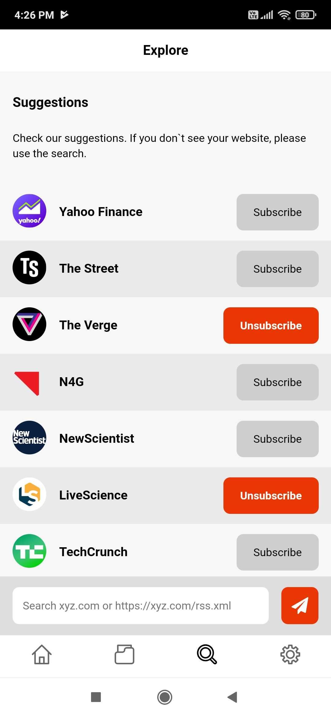 Choose from premade RSS subscriptions or add your own in Stories Now