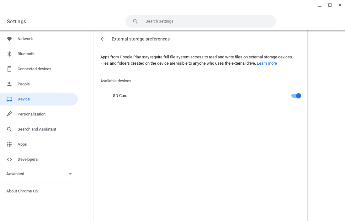 Enabling SD card Android on Chromebook