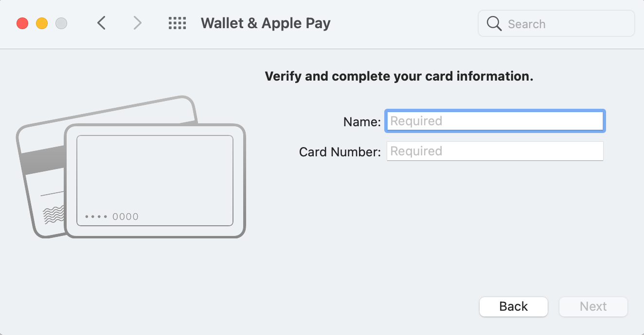 adding a card to wallet on Mac