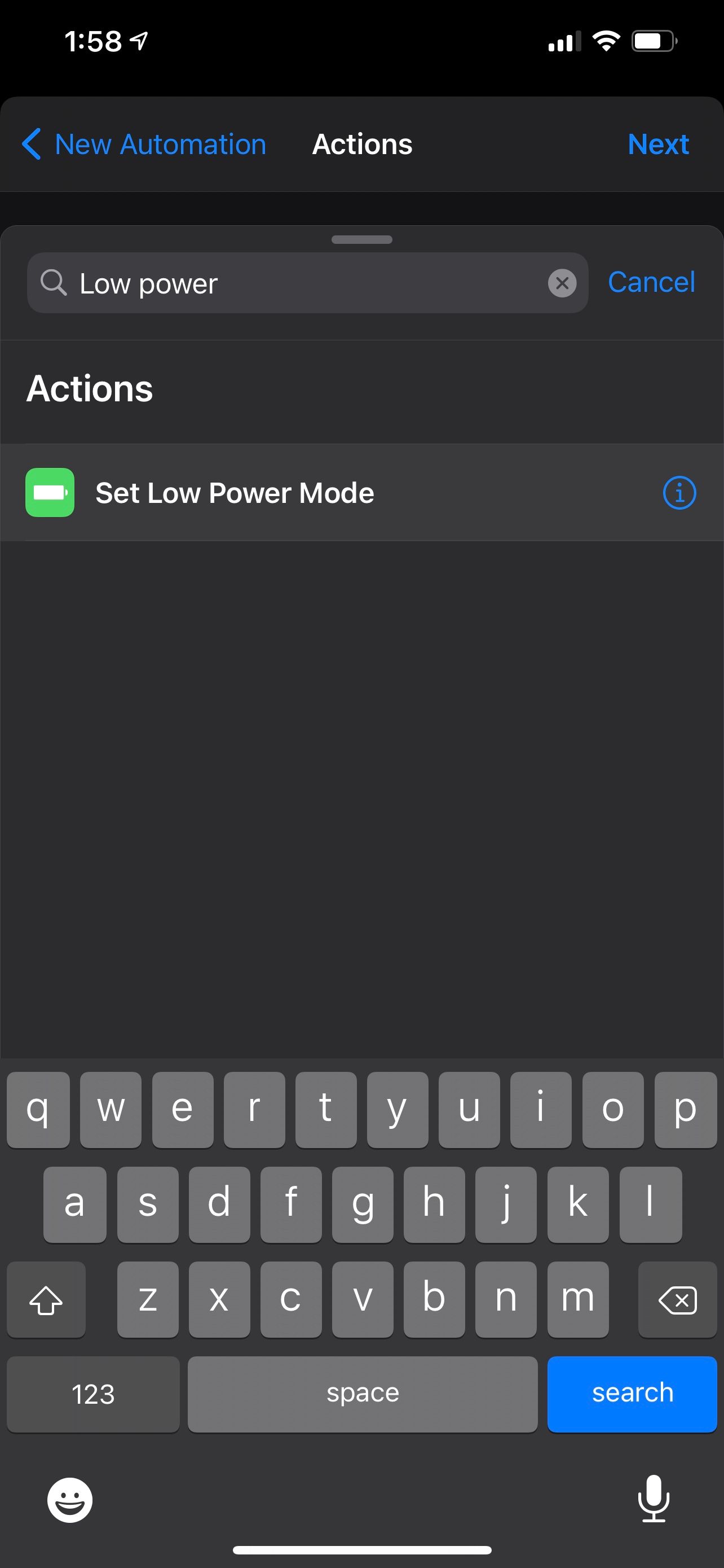Automation action search for Set Low Power Mode