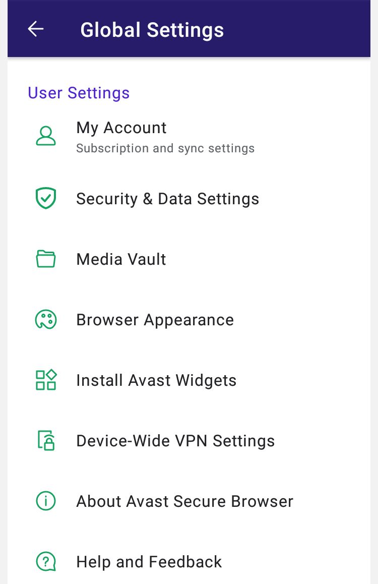 Avast secure browser mobile app settings
