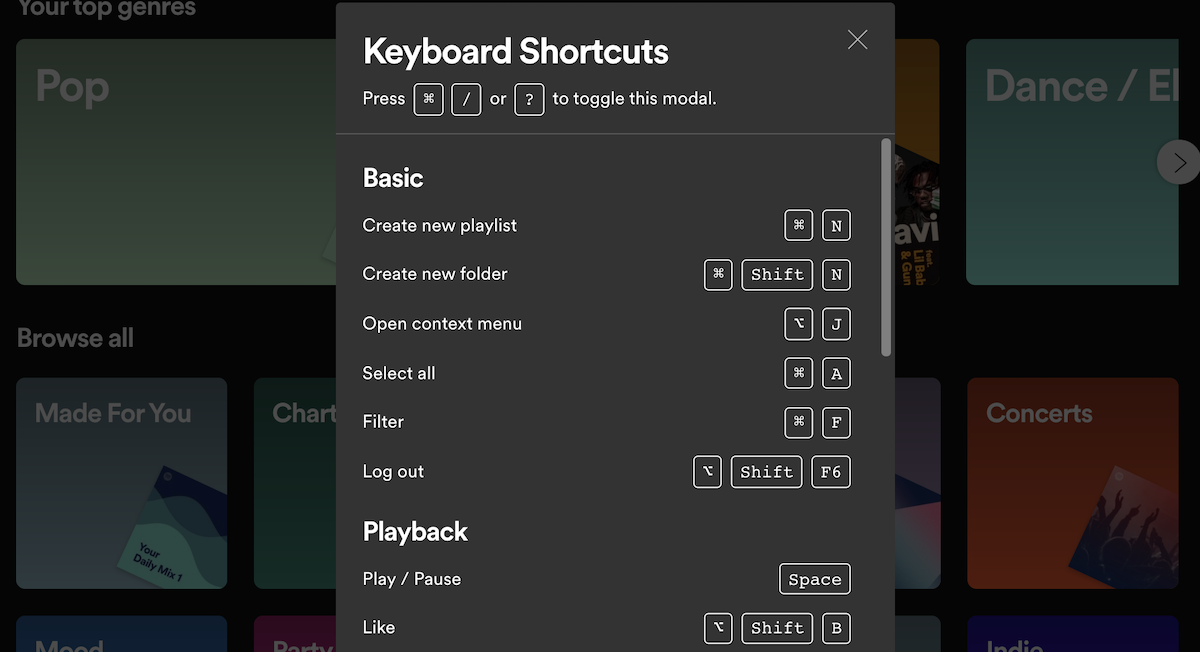 keyboard shortcuts for the Spotify desktop app