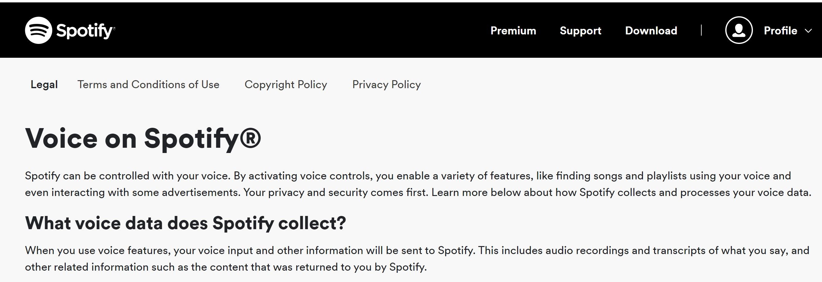 Spotify voice commands privacy and policies page