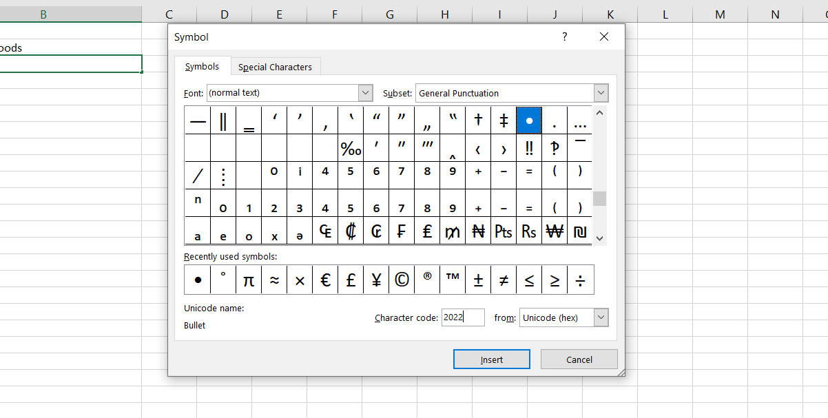 symbol dialog - 7 modi per creare un elenco puntato in Microsoft Excel