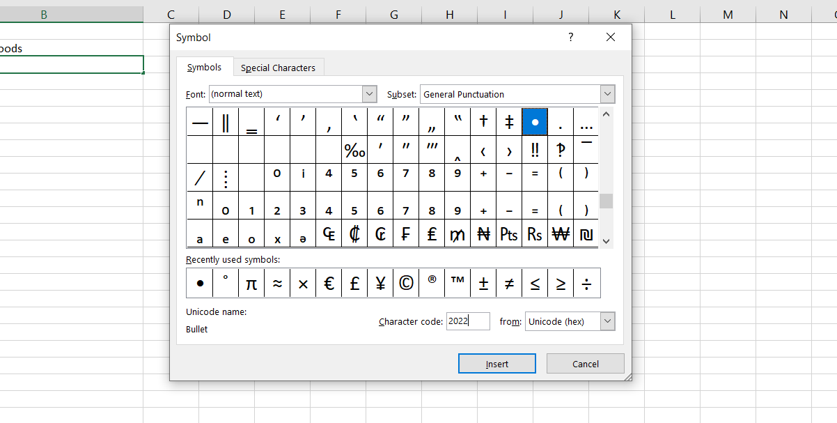 You can also add a bullet from the symbol dialog in Excel.