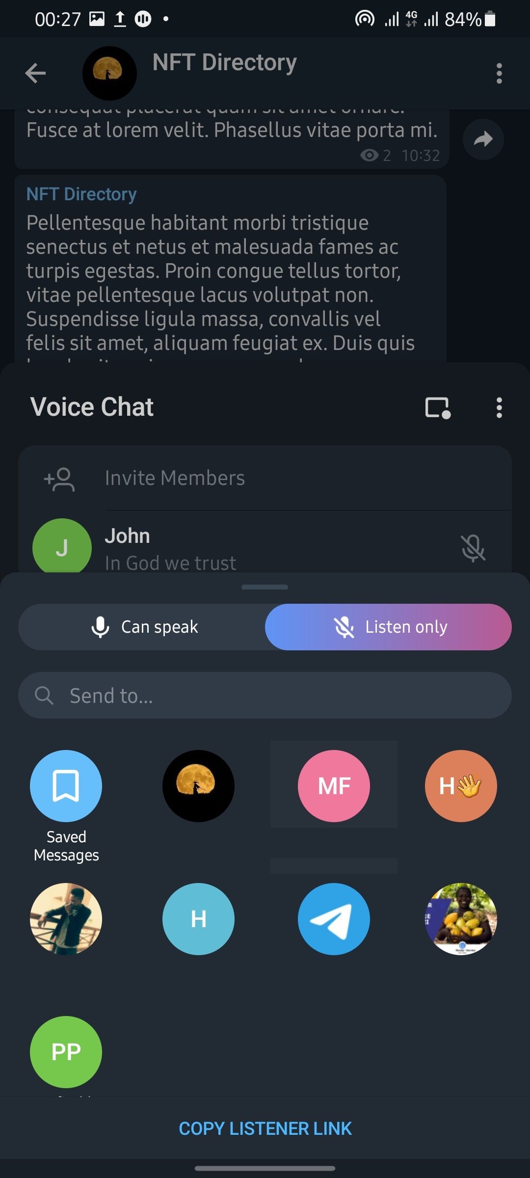 telegram Voice chat create listener link page