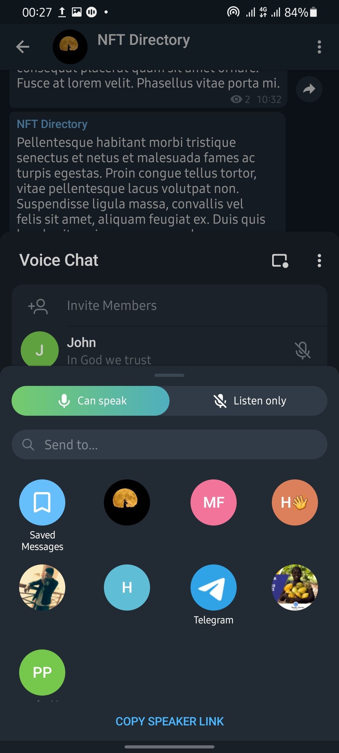 telegram Voice chat create speaker link page