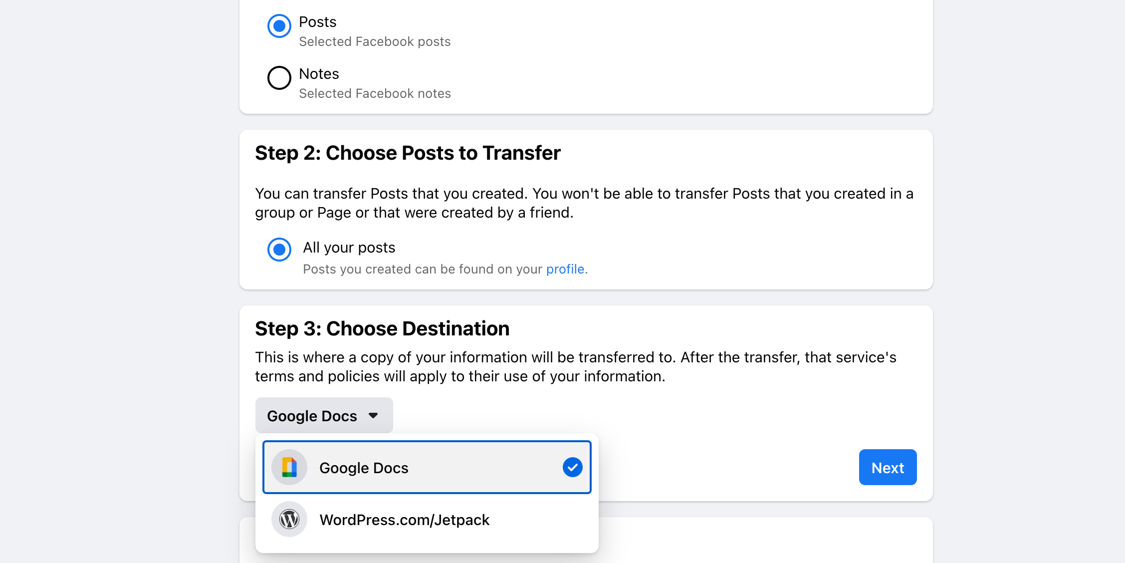 Transfer Facebook posts and notes