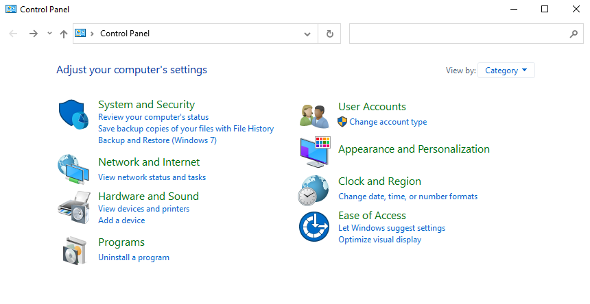 control panel programs category