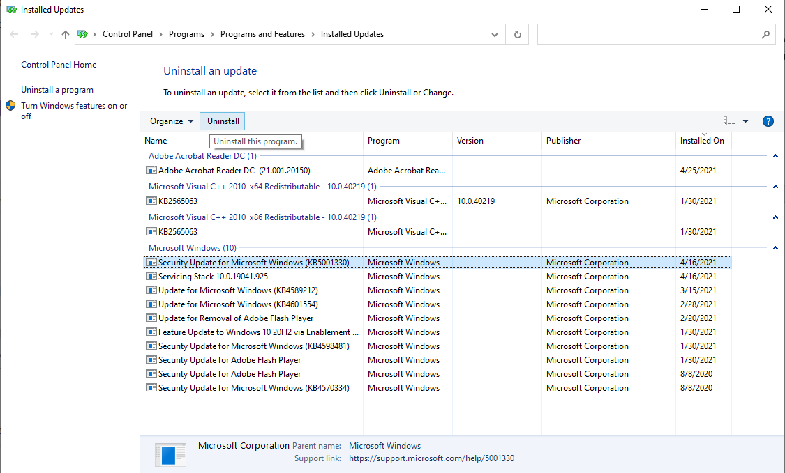 uninstall windows 10 updates control panel