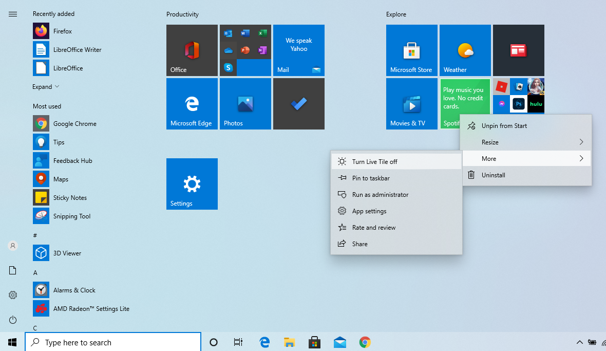 turn off live tiles in windows 10