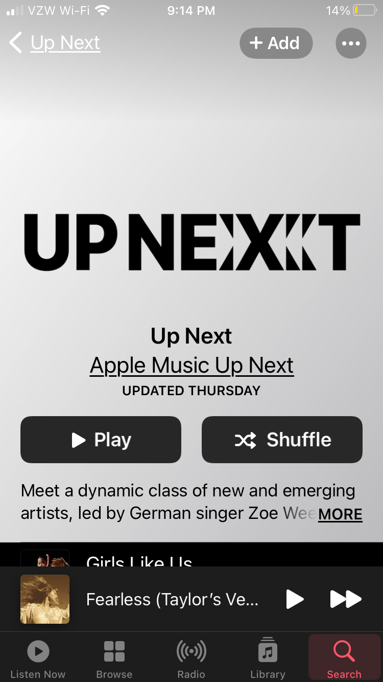 Top screen of the Up Next Playlist describing that it is a playlist for emerging artists