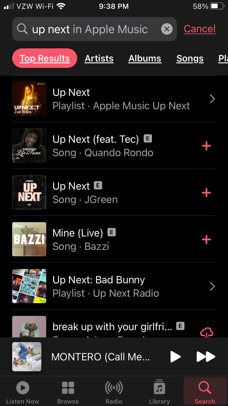 The search results displayed in Apple Music for "Up Next"