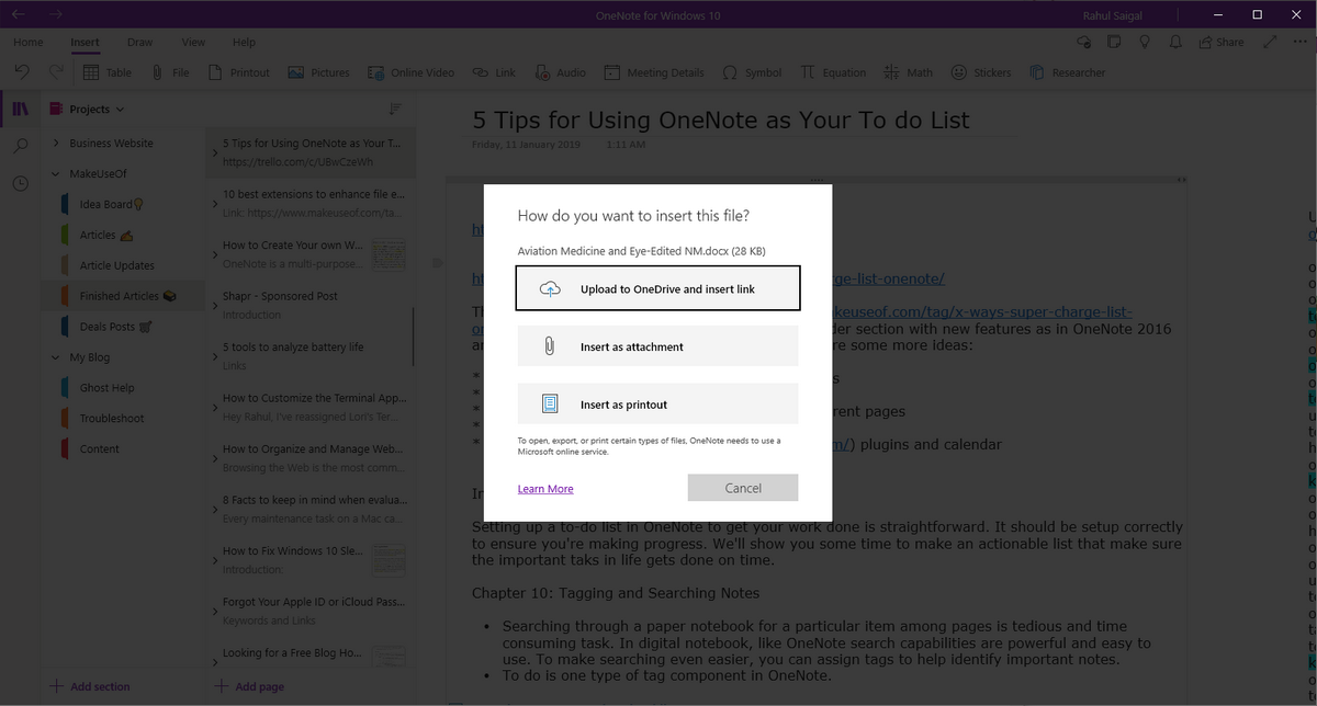 6 Tipps zur Verwendung von Microsoft OneNote als Aufgabenliste - upload to onedrive and insert link OneNote app