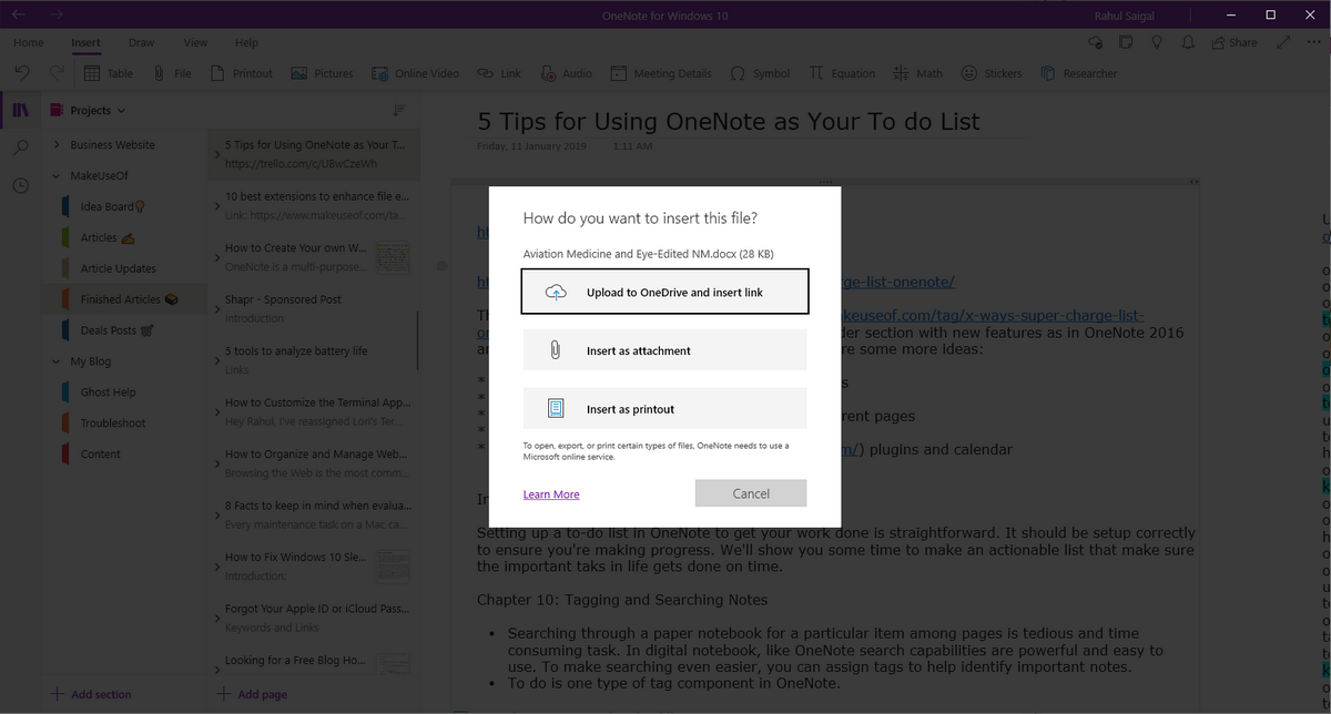 onenote gem drop down