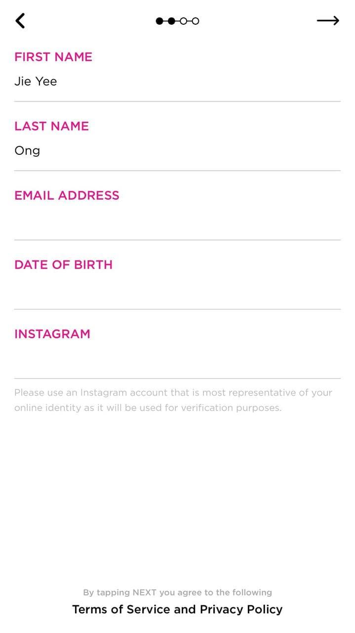 Mobile screenshot of personal info verification, Raya dating app