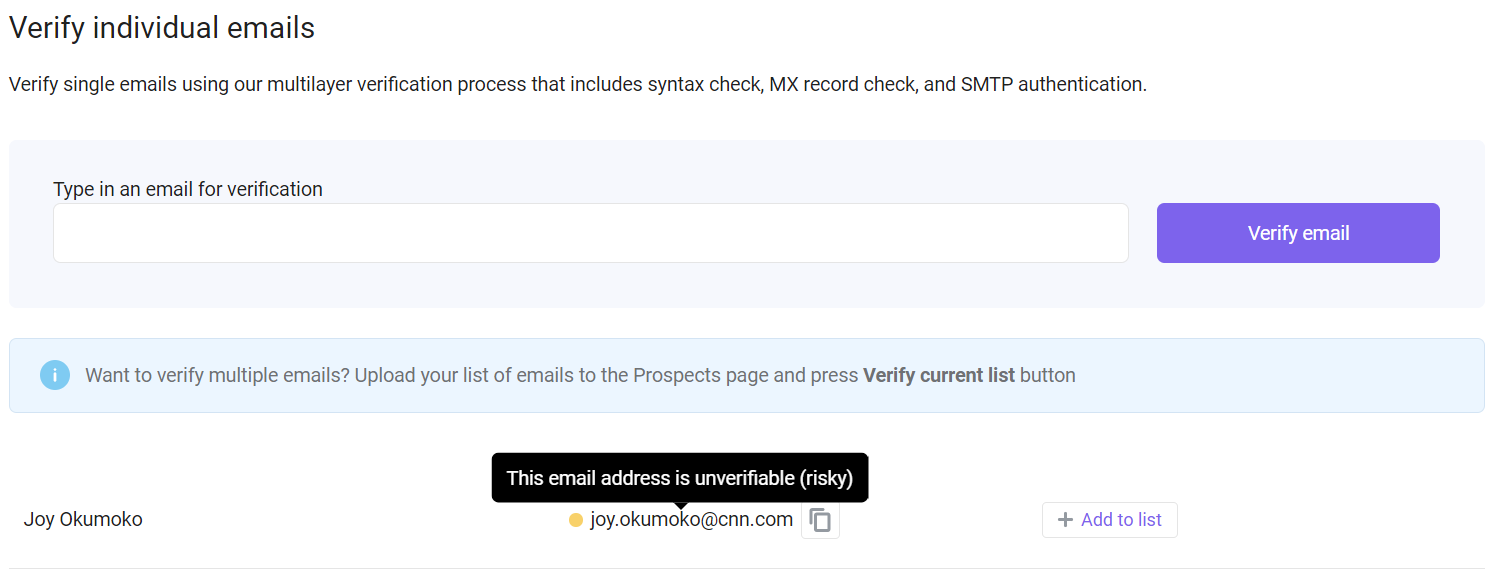 Verify email adderss on Snov.io